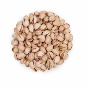 round pistachio (Fandoghi) in a wooden bowl on white background