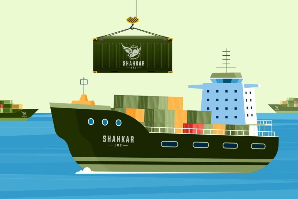 a ship on the sea with a dark green container with the brand name shahkar on it