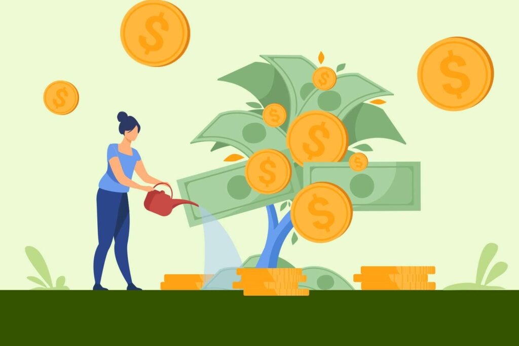 a woman watering a plant with dollars and coins on it