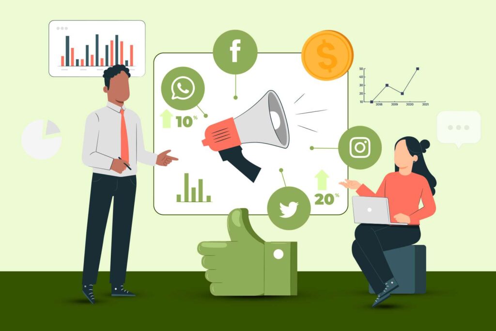 a man and woman talking and social media icons floating in the air