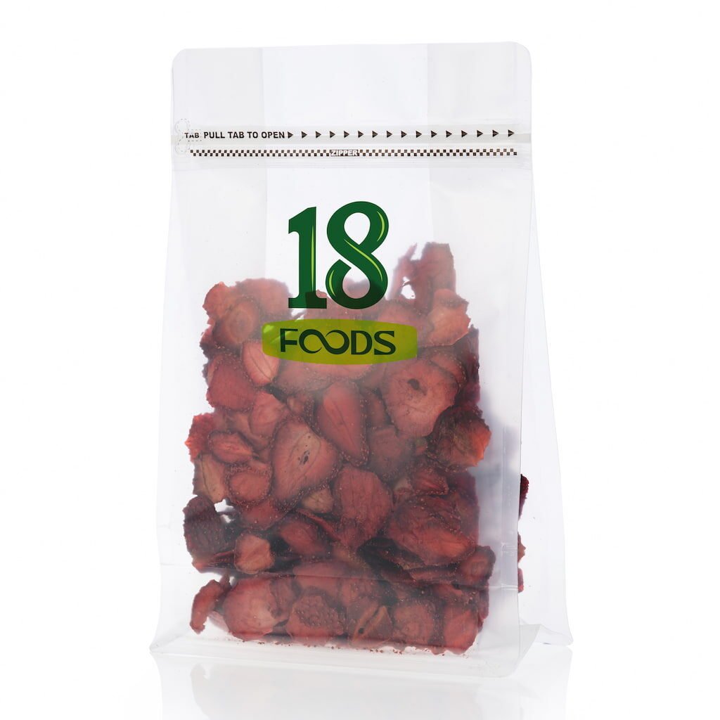dried strawberry in packaging by 18foods logo