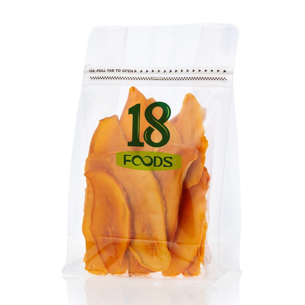 dried mango in packaging by 18foods logo