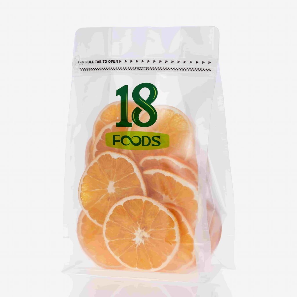 dried orange in packaging by 18foods logo